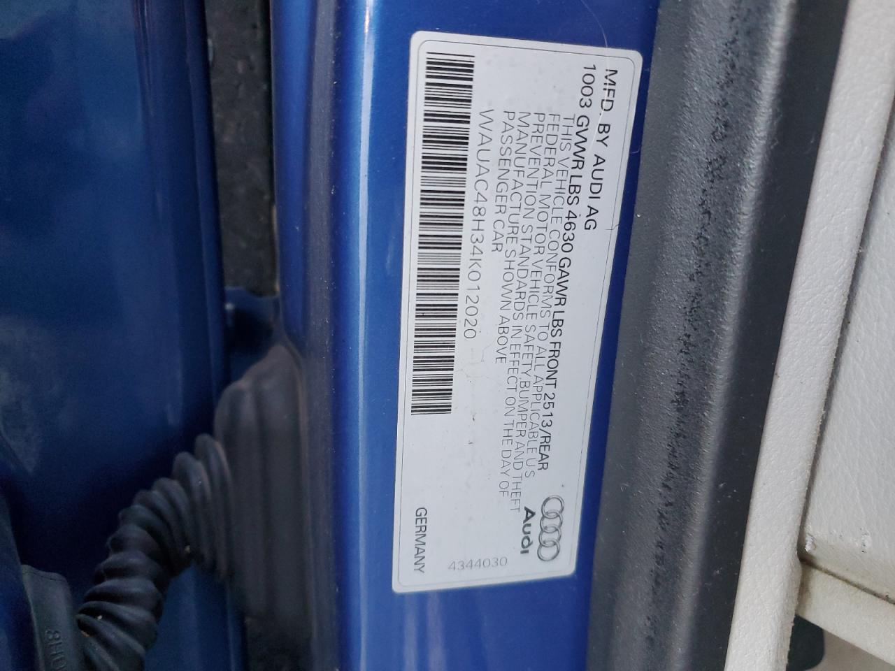 2004 Audi A4 1.8 Cabriolet VIN: WAUAC48H34K012020 Lot: 93811205