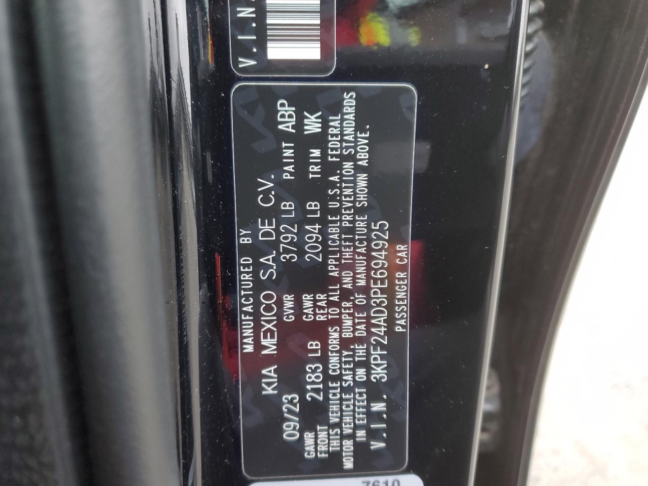 2023 Kia Forte Lx VIN: 3KPF24AD3PE694925 Lot: 91934425