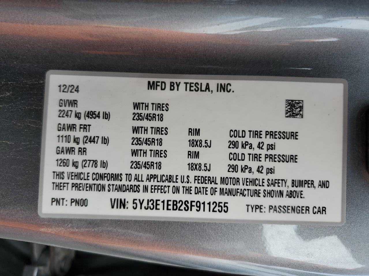 2025 Tesla Model 3 VIN: 5YJ3E1EB2SF911255 Lot: 89437475