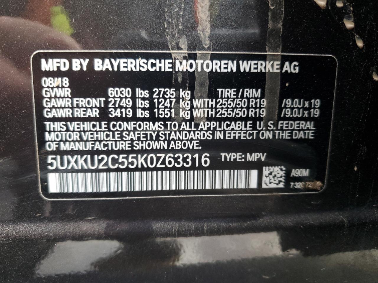 2019 BMW X6 xDrive35I VIN: 5UXKU2C55K0Z63316 Lot: 92042245