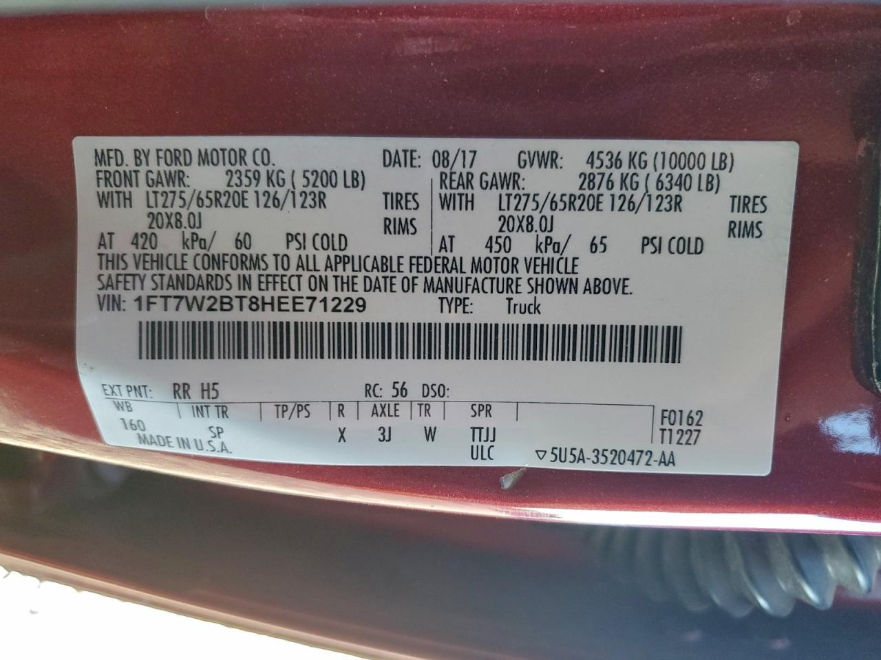 2017 Ford F250 Super Duty VIN: 1FT7W2BT8HEE71229 Lot: 94221085