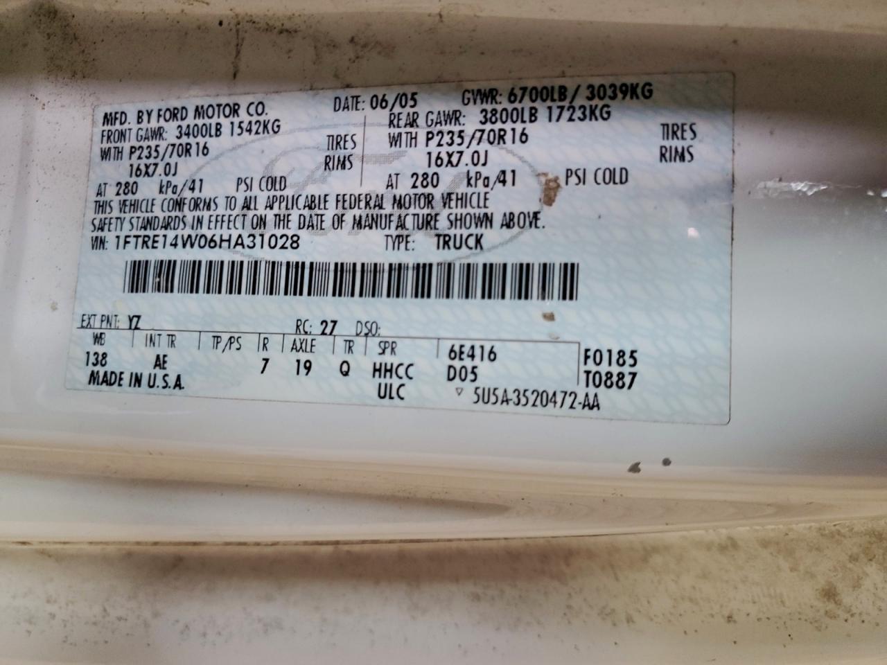 2006 Ford Econoline E150 Van VIN: 1FTRE14W06HA31028 Lot: 92877275