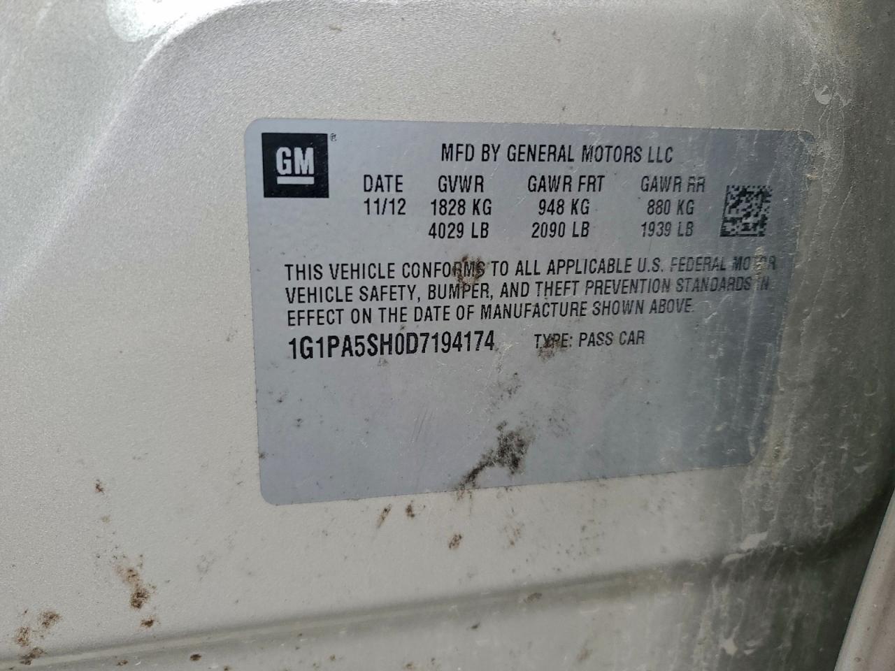 2013 Chevrolet Cruze Ls VIN: 1G1PA5SH0D7194174 Lot: 93821995