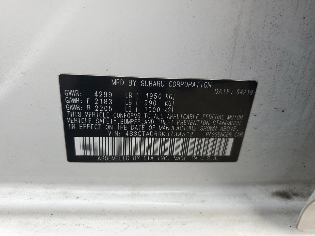 2019 Subaru Impreza Premium VIN: 4S3GTAD60K3739512 Lot: 91862475