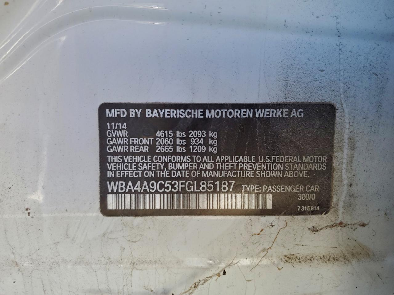 2015 BMW 428 I Gran Coupe Sulev VIN: WBA4A9C53FGL85187 Lot: 94361045