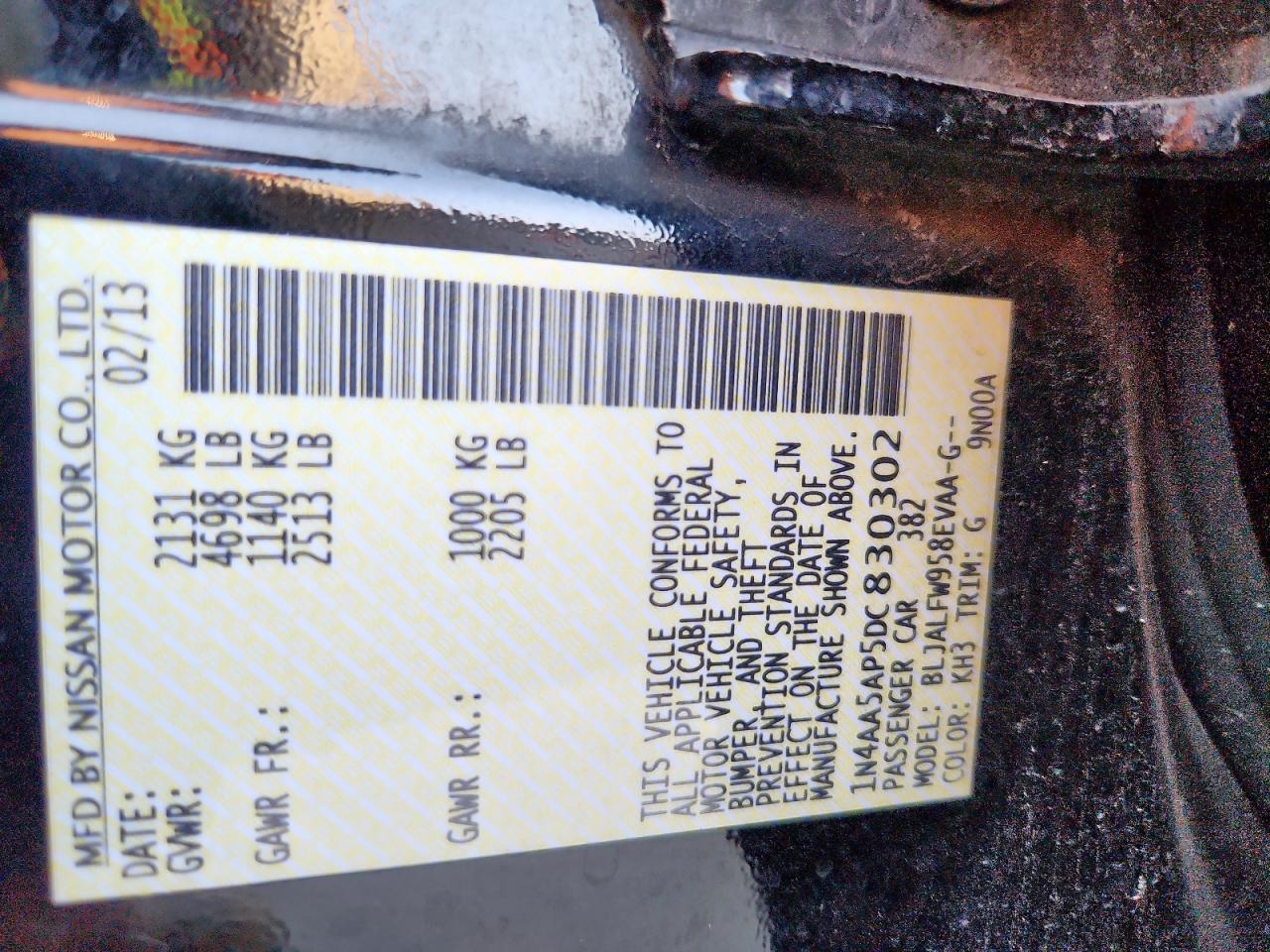 2013 Nissan Maxima S VIN: 1N4AA5AP5DC830302 Lot: 92874015