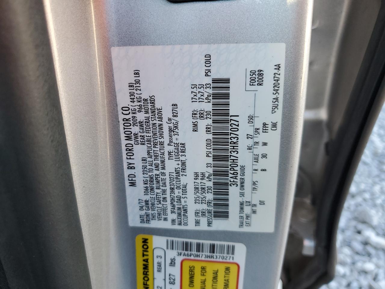 2017 Ford Fusion Se VIN: 3FA6P0H73HR370271 Lot: 90605595