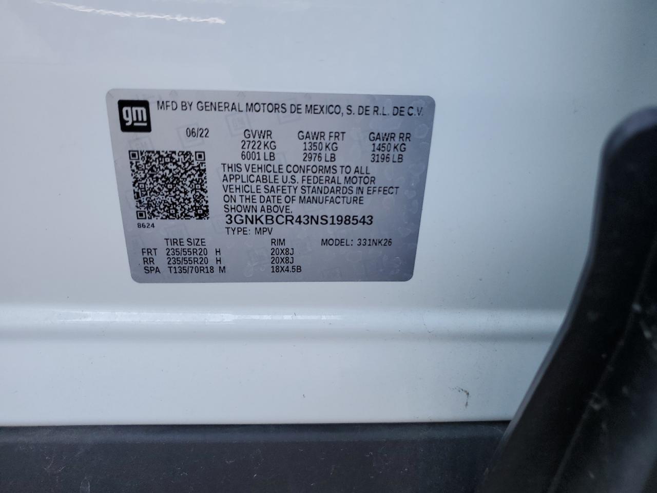 2022 Chevrolet Blazer 2Lt VIN: 3GNKBCR43NS198543 Lot: 92886435