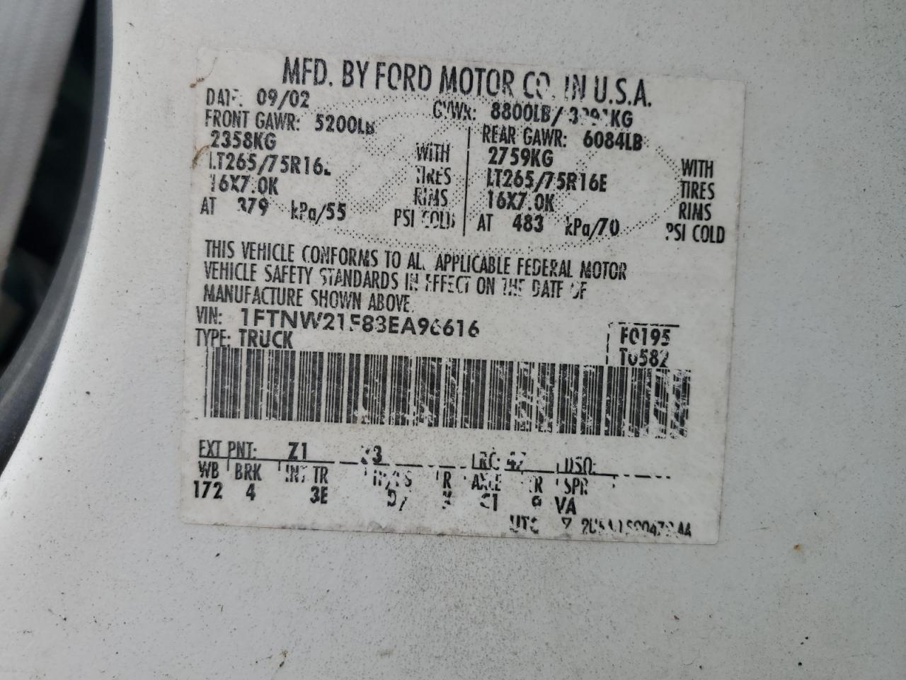 2003 Ford F250 Super Duty VIN: 1FTNW21F83EA96616 Lot: 93143995