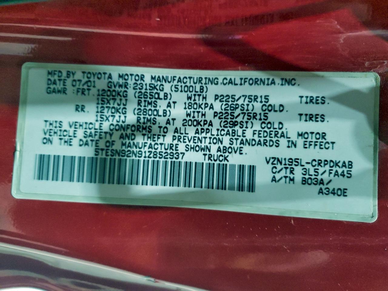 2001 Toyota Tacoma Xtracab Prerunner VIN: 5TESN92N91Z852937 Lot: 93719375