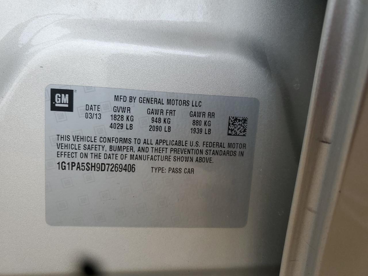 2013 Chevrolet Cruze Ls VIN: 1G1PA5SH9D7269406 Lot: 92384245