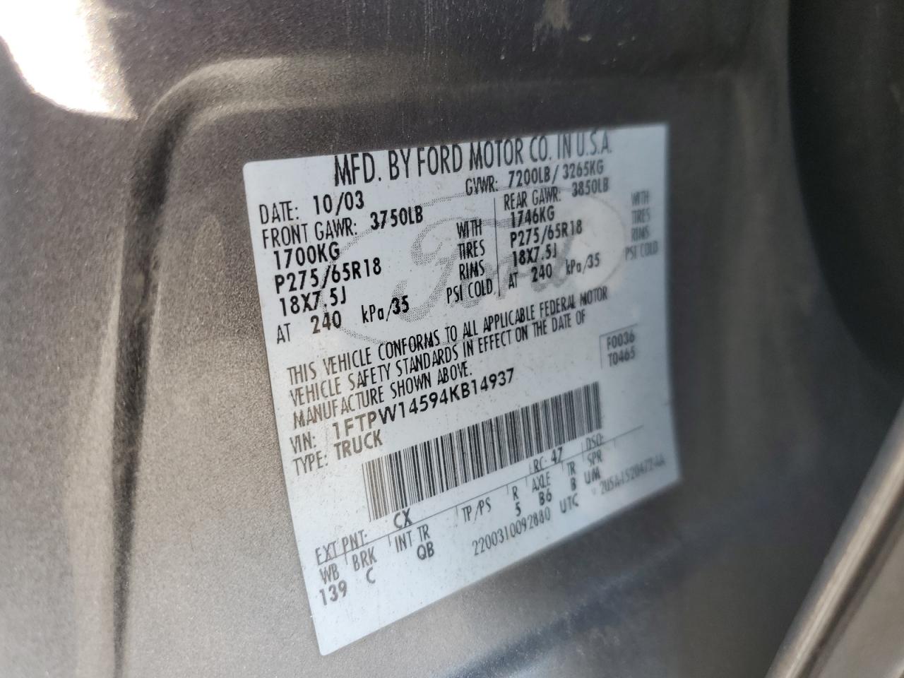 2004 Ford F150 Supercrew VIN: 1FTPW14594KB14937 Lot: 90790675