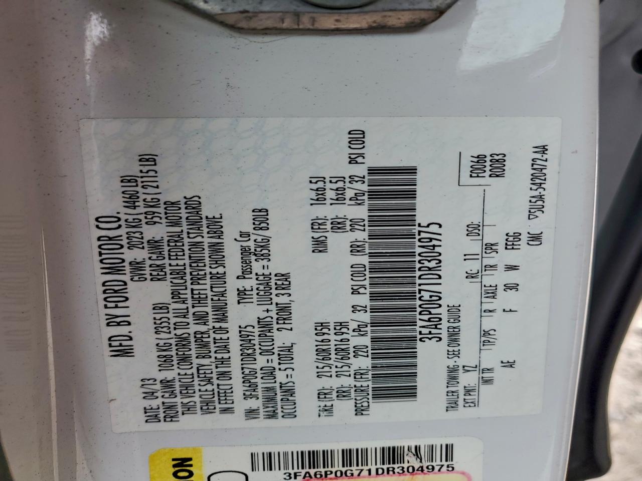 2013 Ford Fusion S VIN: 3FA6P0G71DR304975 Lot: 93921485