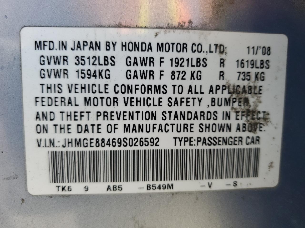 2009 Honda Fit Sport VIN: JHMGE88469S026592 Lot: 91729445