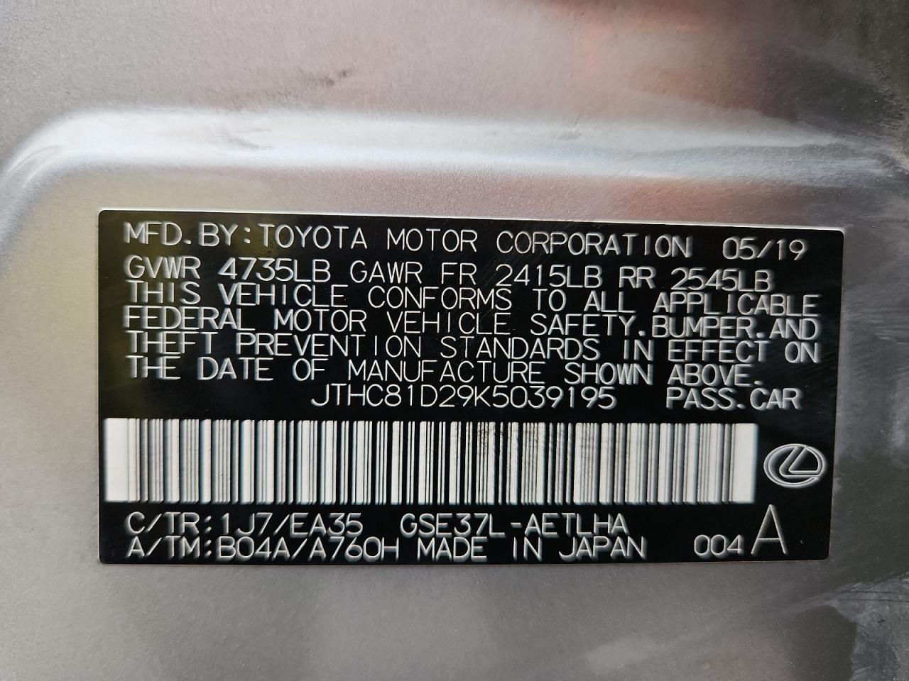 2019 Lexus Is 300 VIN: JTHC81D29K5039195 Lot: 92074525