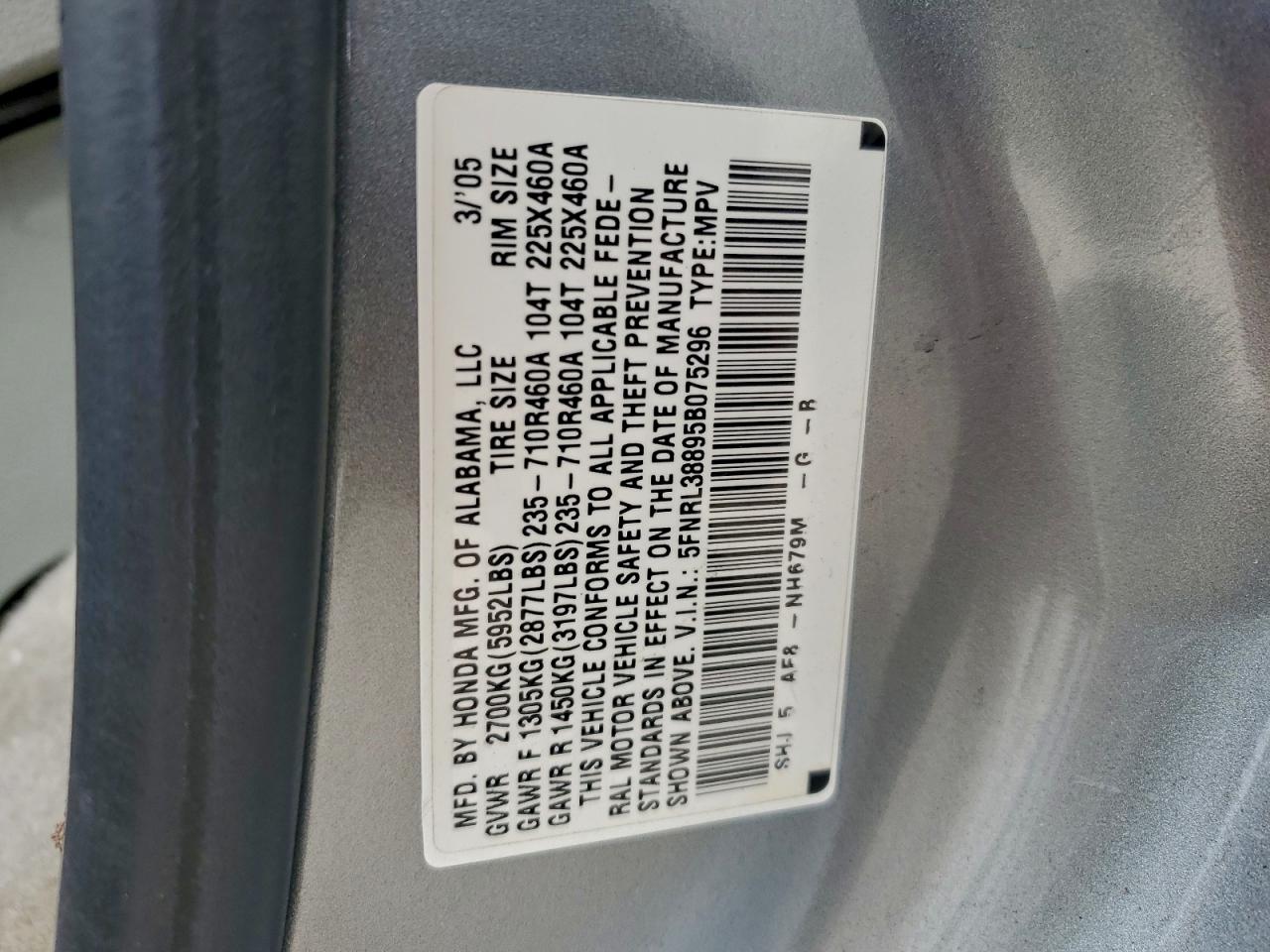 2005 Honda Odyssey Touring VIN: 5FNRL38895B075296 Lot: 94209305