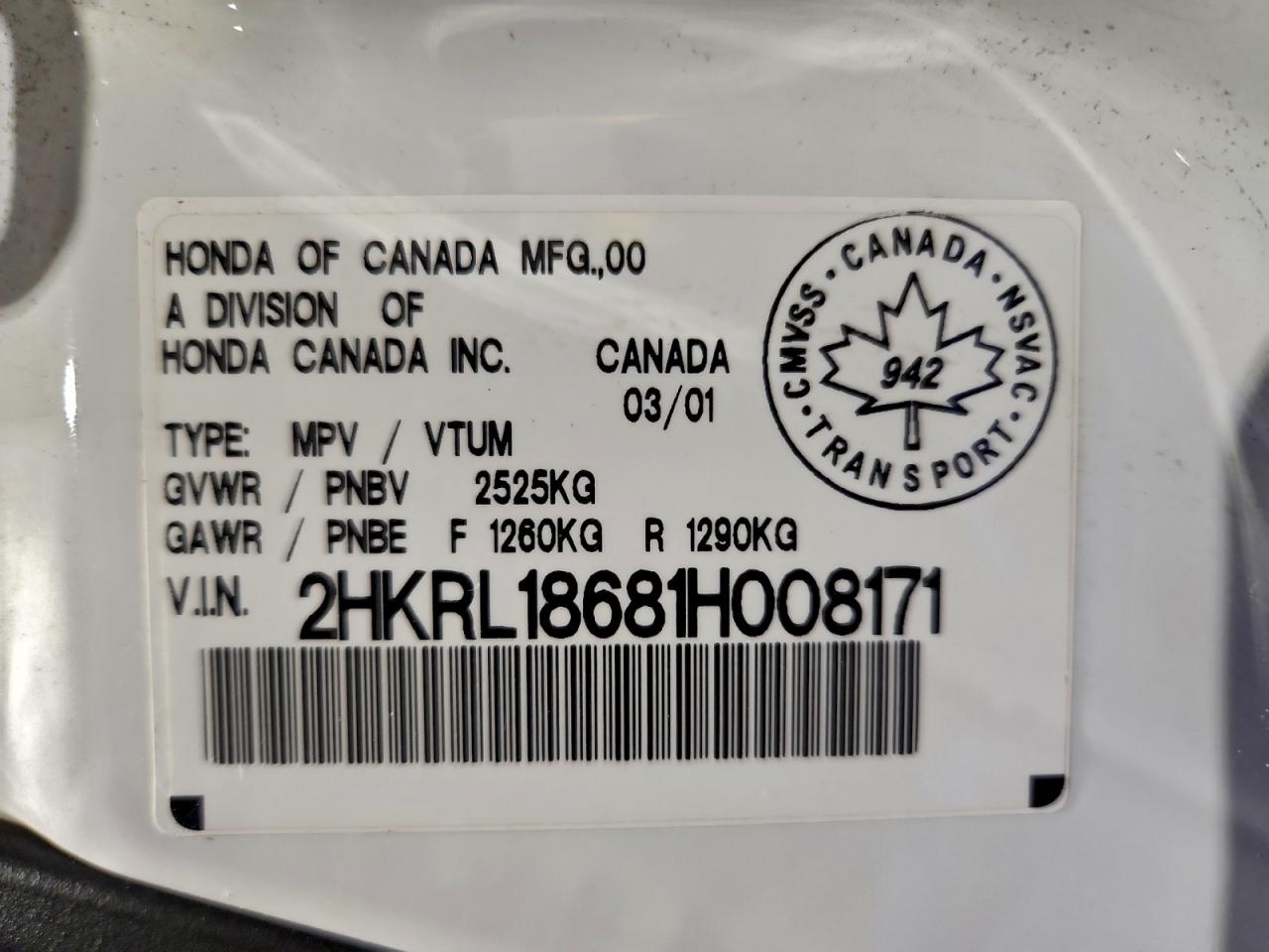 2001 Honda Odyssey Ex VIN: 2HKRL18681H008171 Lot: 94192865