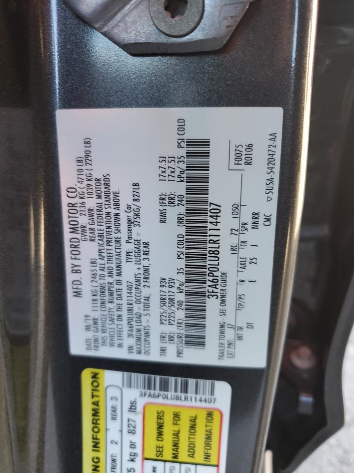 2020 Ford Fusion Se VIN: 3FA6P0LU8LR114407 Lot: 91286635