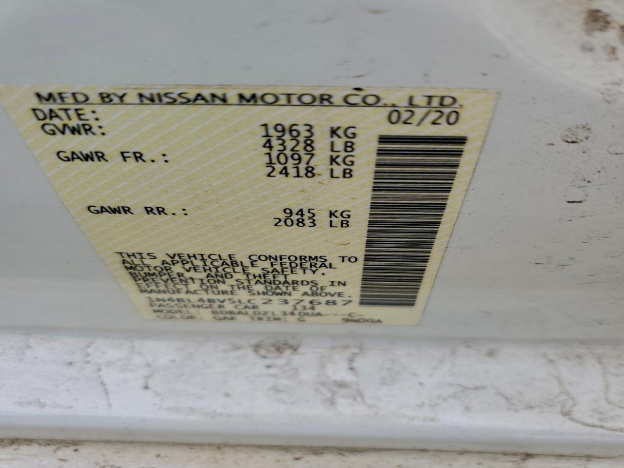 2020 Nissan Altima S VIN: 1N4BL4BV5LC237687 Lot: 93526435