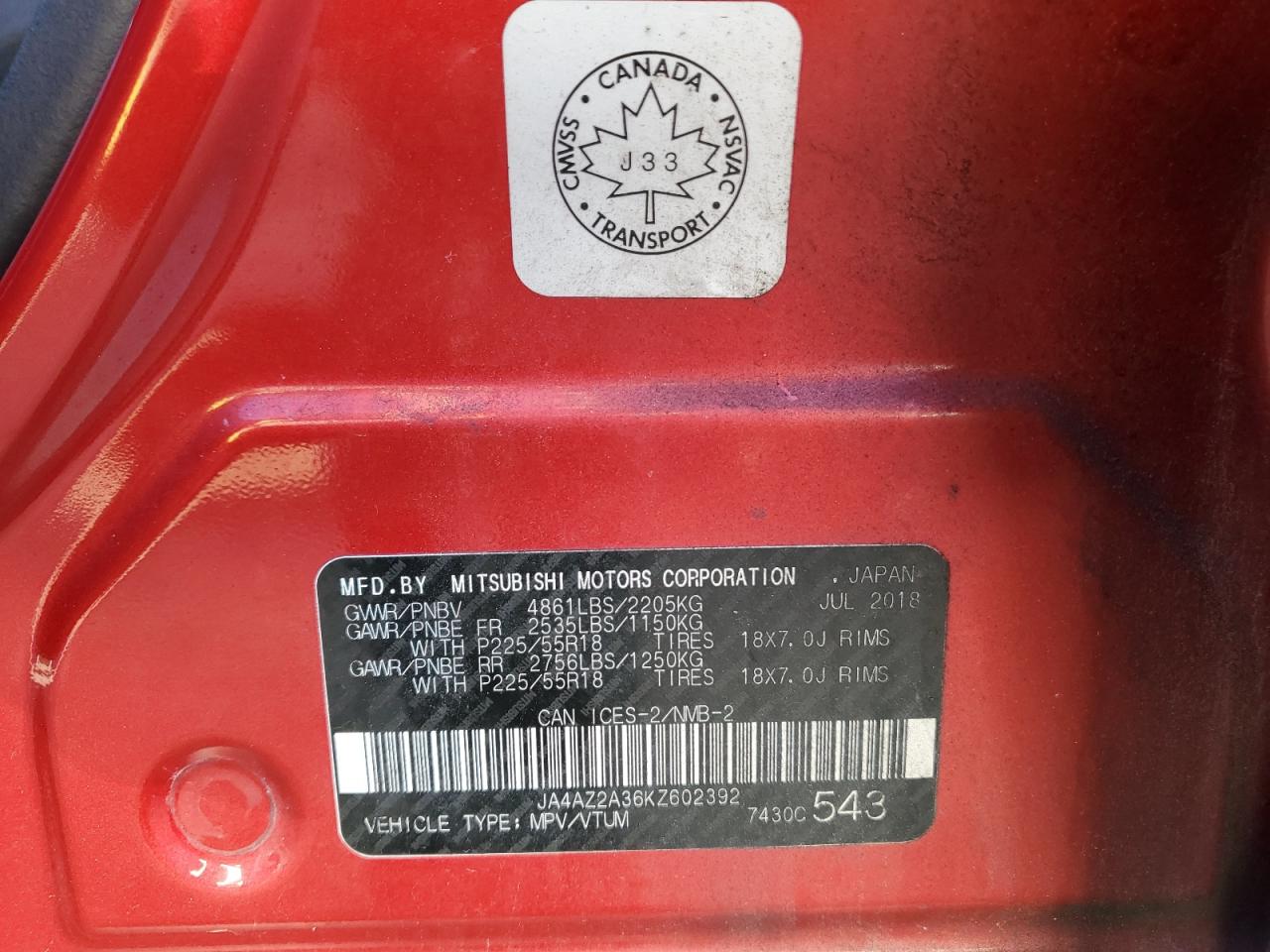 2019 Mitsubishi Outlander Es VIN: JA4AZ2A36KZ602392 Lot: 86635525