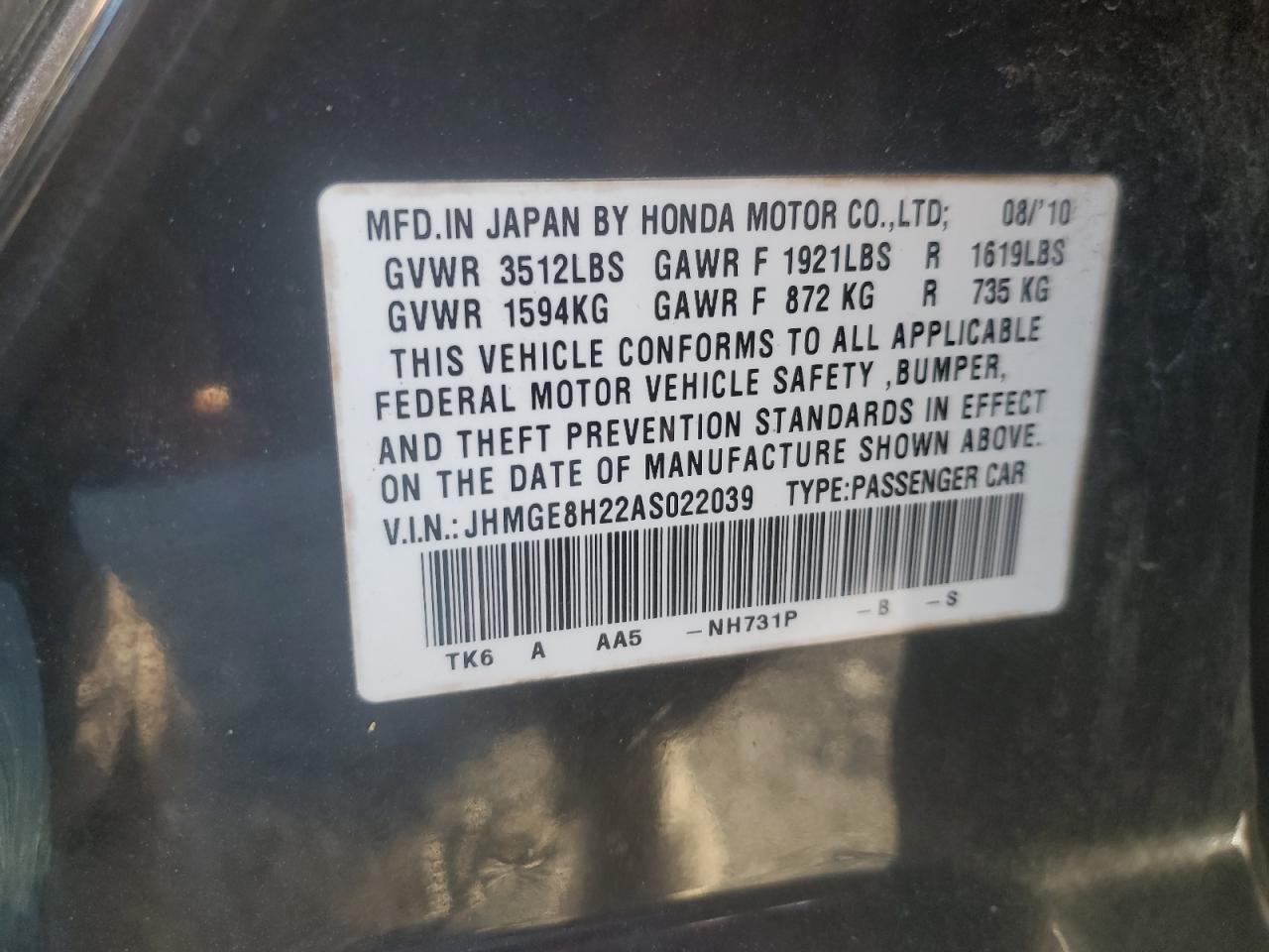 2010 Honda Fit VIN: JHMGE8H22AS022039 Lot: 92957275