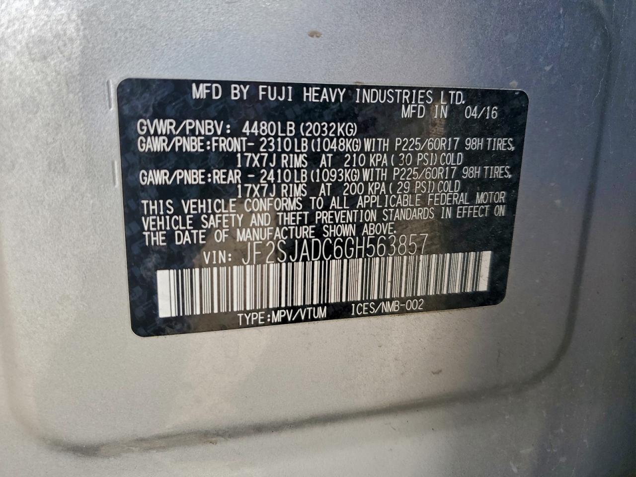 2016 Subaru Forester 2.5I Premium VIN: JF2SJADC6GH563857 Lot: 94336285