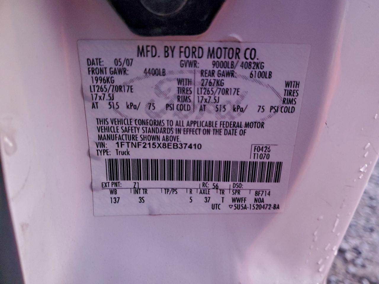 2008 Ford F250 Super Duty VIN: 1FTNF215X8EB37410 Lot: 93072085