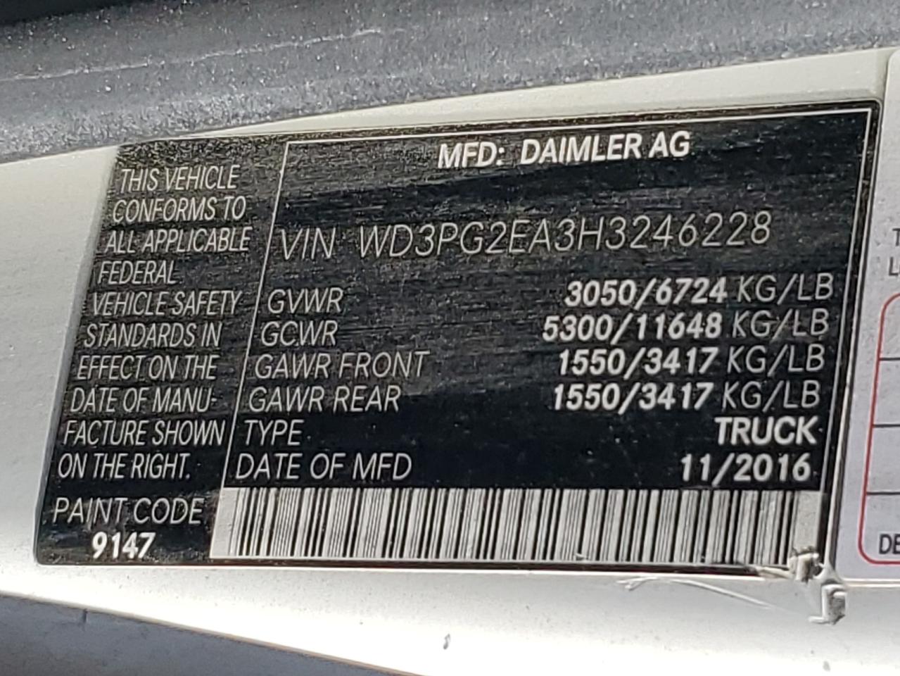 2017 Mercedes-Benz Metris VIN: WD3PG2EA3H3246228 Lot: 92475695