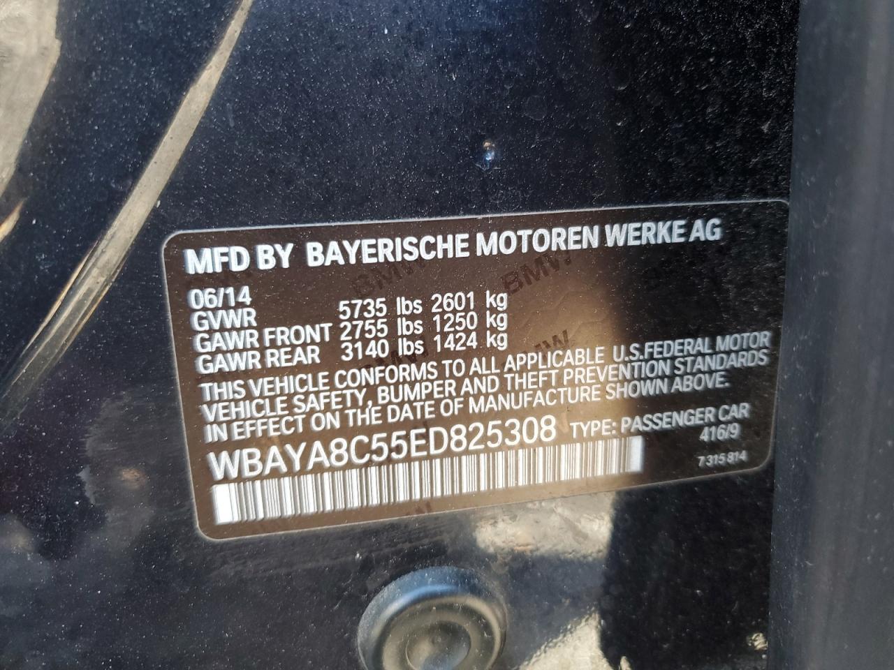 2014 BMW 750 I VIN: WBAYA8C55ED825308 Lot: 93426865