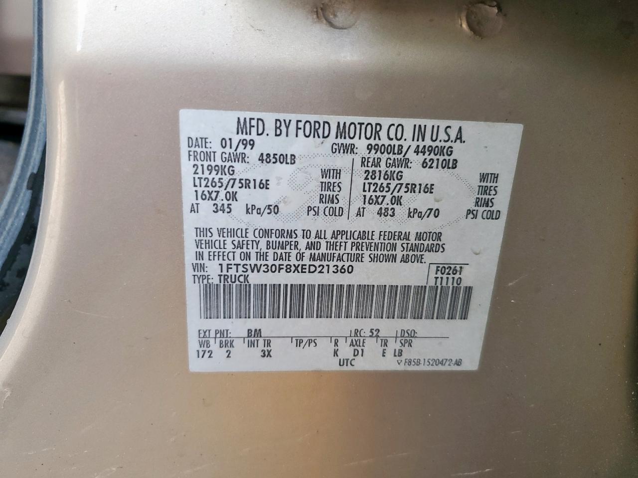 1999 Ford F350 Srw Super Duty VIN: 1FTSW30F8XED21360 Lot: 92937585