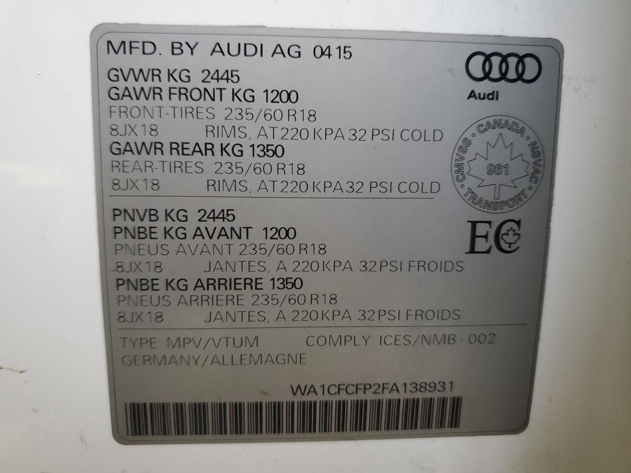 2015 Audi Q5 Premium VIN: WA1CFCFP2FA138931 Lot: 91982325