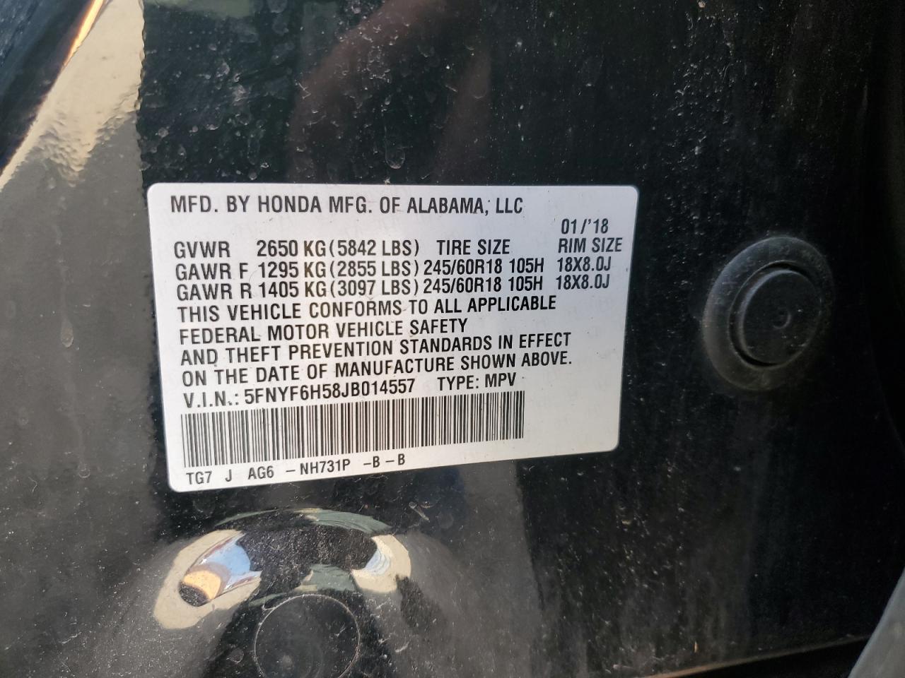 2018 Honda Pilot Exl VIN: 5FNYF6H58JB014557 Lot: 91665725