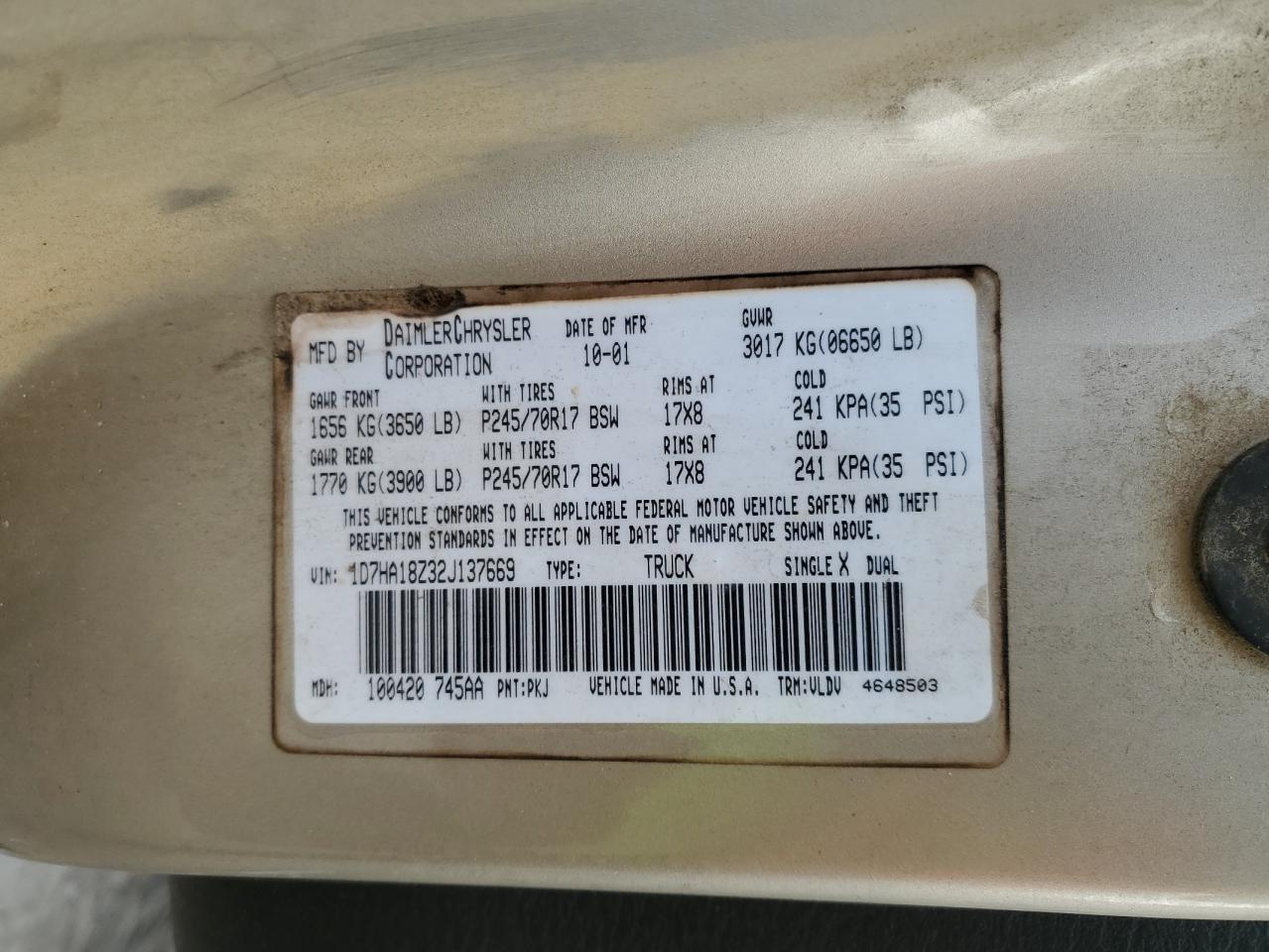 2002 Dodge Ram 1500 VIN: 1D7HA18Z32J137669 Lot: 91047035