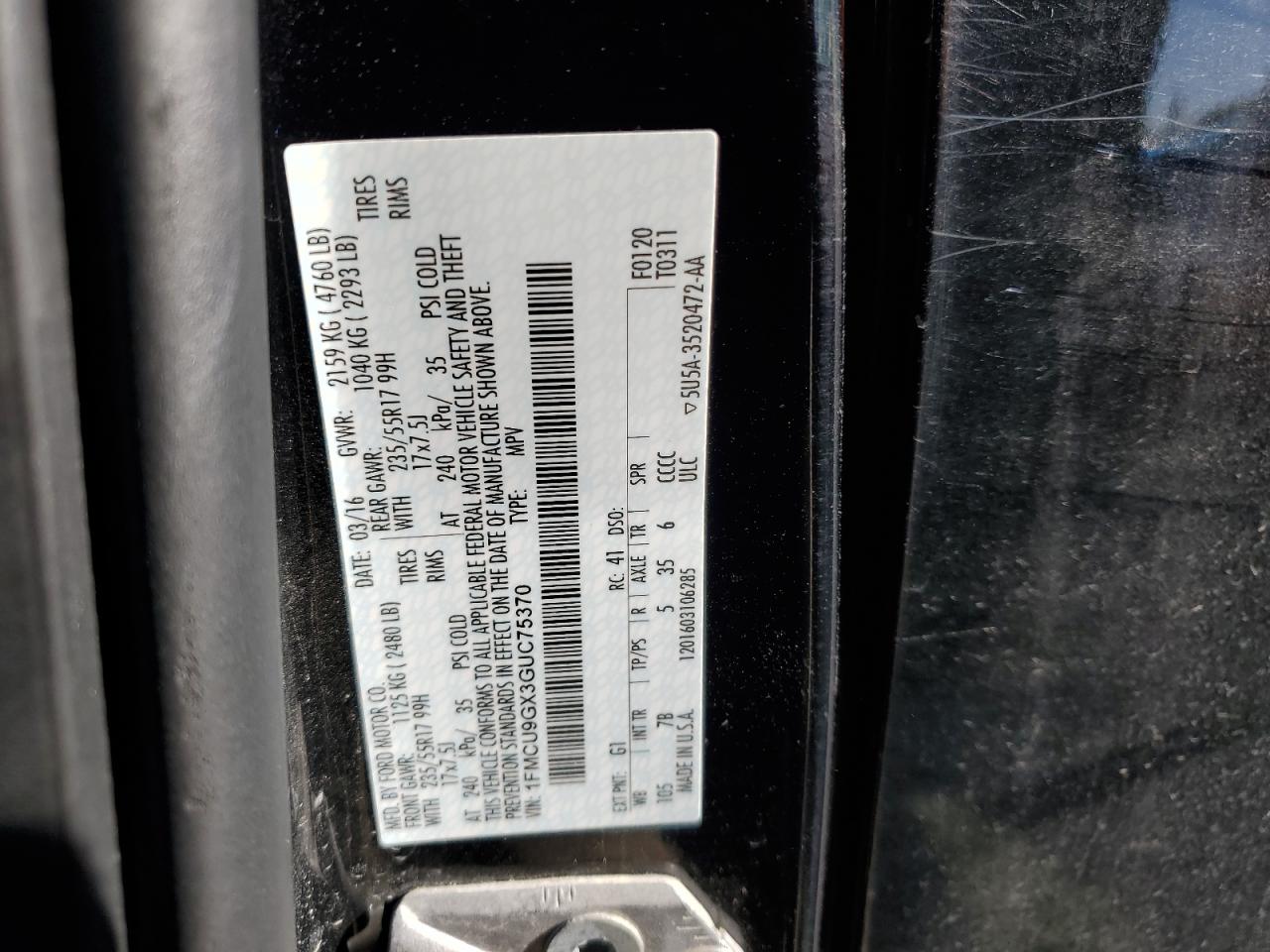 2016 Ford Escape Se VIN: 1FMCU9GX3GUC75370 Lot: 91590145