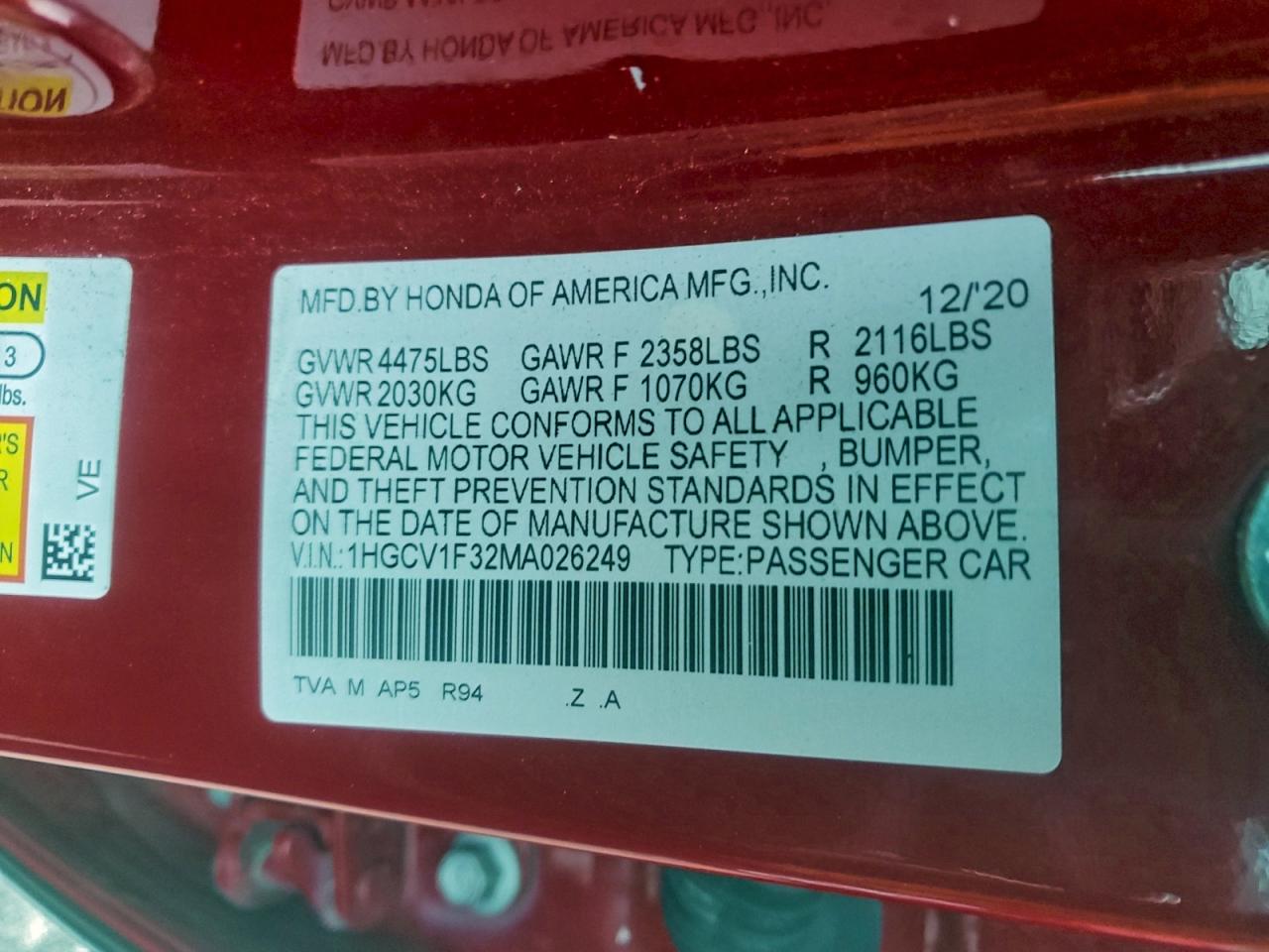 2021 Honda Accord Sport VIN: 1HGCV1F32MA026249 Lot: 93459605