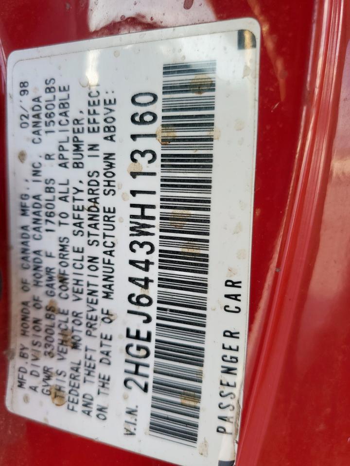 1998 Honda Civic Dx VIN: 2HGEJ6443WH113160 Lot: 93480675