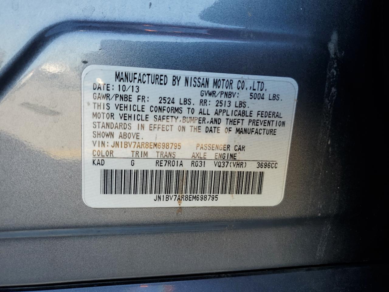 2014 Infiniti Q50 Base VIN: JN1BV7AR8EM698795 Lot: 92586105