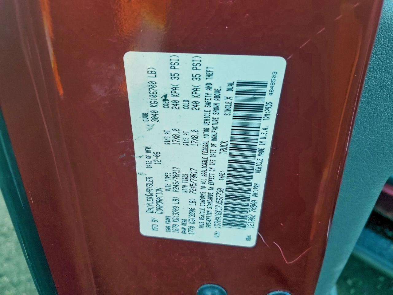 2007 Dodge Ram 1500 St VIN: 1D7HA18K17J567730 Lot: 93764895