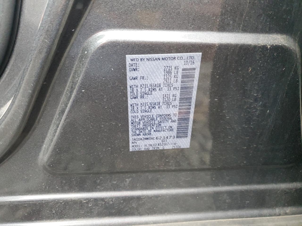 2017 Nissan Pathfinder S VIN: 5N1DR2MM3HC623473 Lot: 92844685