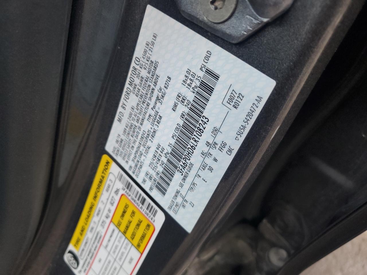 2020 Ford Fusion Se VIN: 3FA6P0HD6LR108243 Lot: 93022525