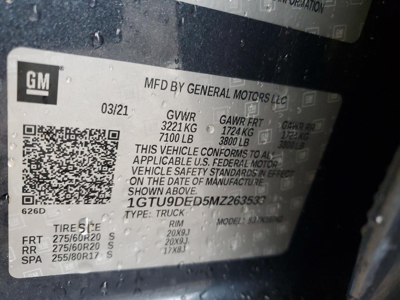 2021 GMC Sierra K1500 Slt VIN: 1GTU9DED5MZ263533 Lot: 93474885