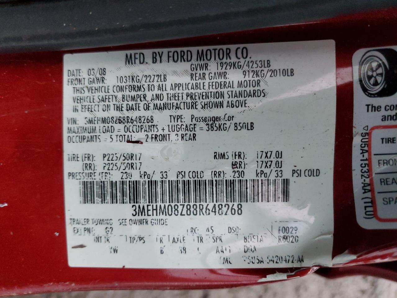 2008 Mercury Milan Premier VIN: 3MEHM08Z88R648268 Lot: 91557775