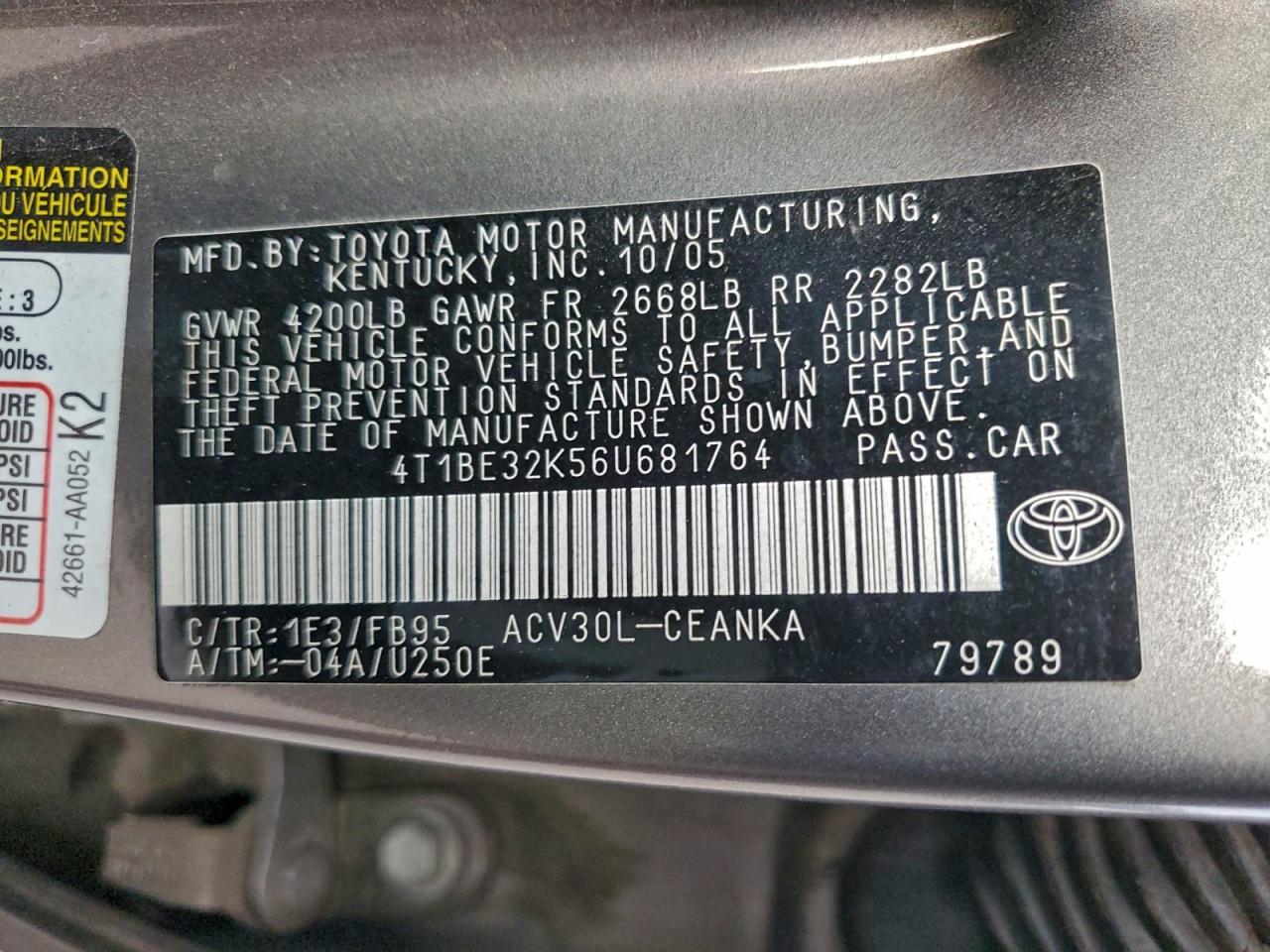 2006 Toyota Camry Le VIN: 4T1BE32K56U681764 Lot: 92835165