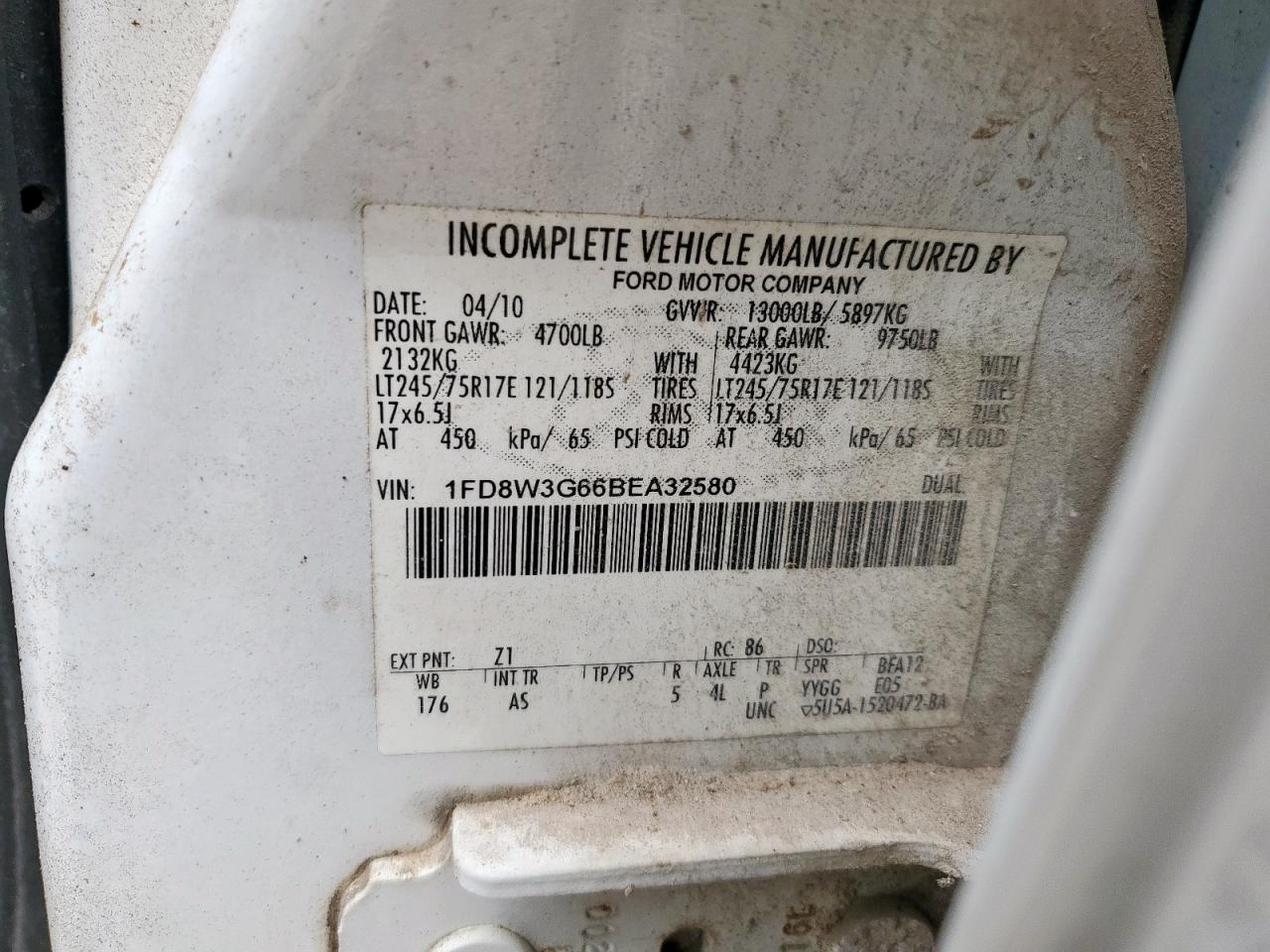 2011 Ford F350 Super Duty VIN: 1FD8W3G66BEA32580 Lot: 93031065