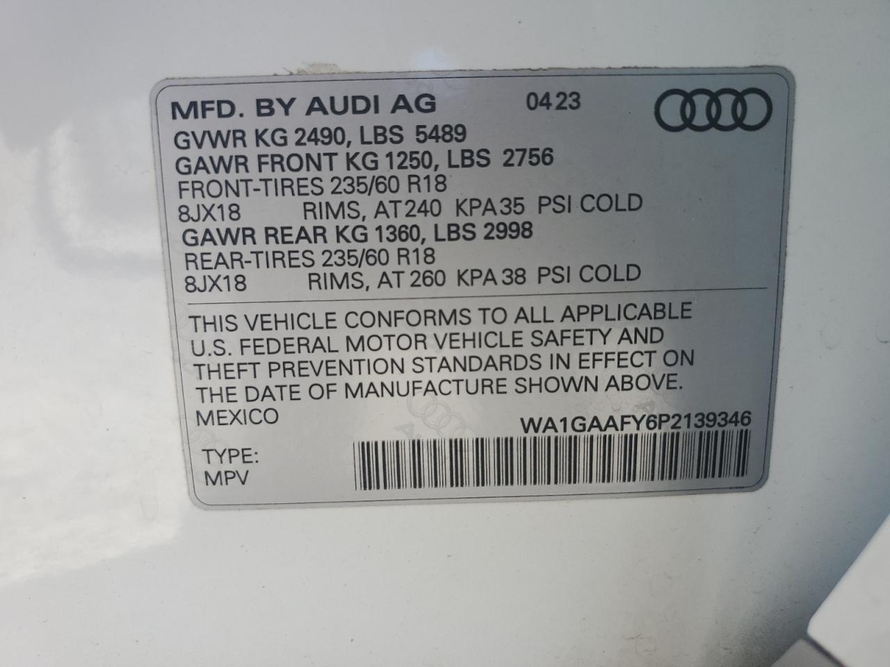 2023 Audi Q5 Premium 45 VIN: WA1GAAFY6P2139346 Lot: 92640075