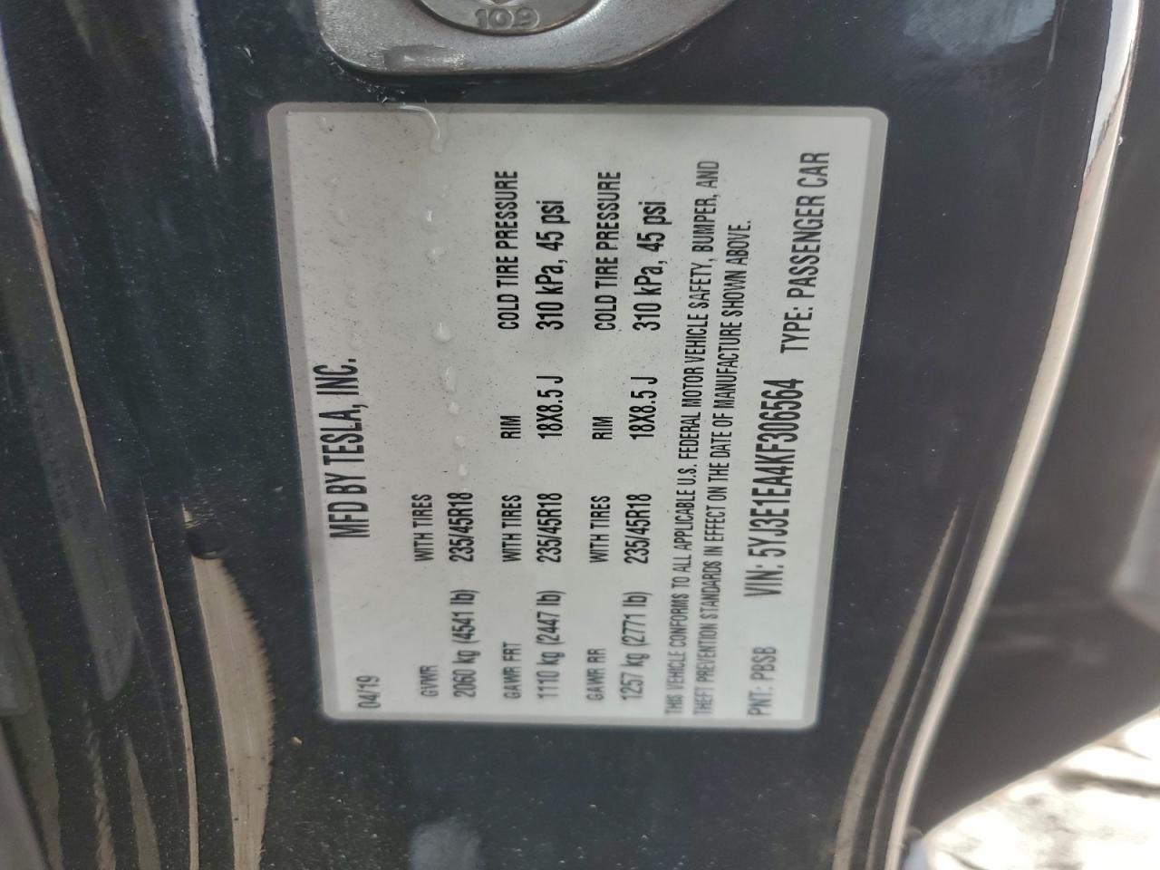 2019 Tesla Model 3 VIN: 5YJ3E1EA4KF306564 Lot: 93776275