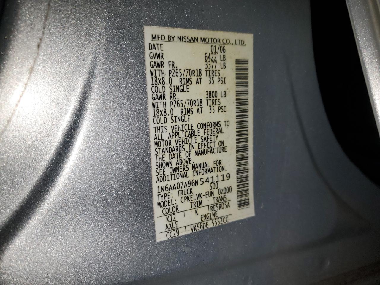 2006 Nissan Titan Xe VIN: 1N6AA07A96N541119 Lot: 92638435