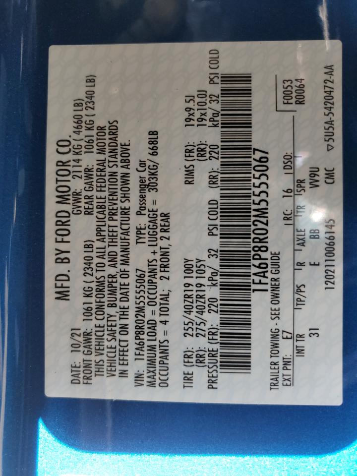 2021 Ford Mustang Mach I VIN: 1FA6P8R02M5555067 Lot: 92868095