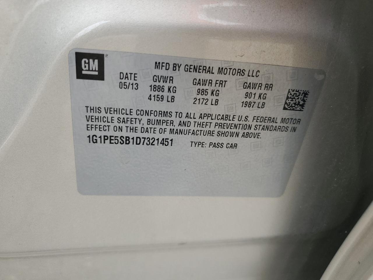 2013 Chevrolet Cruze Lt VIN: 1G1PE5SB1D7321451 Lot: 93388875