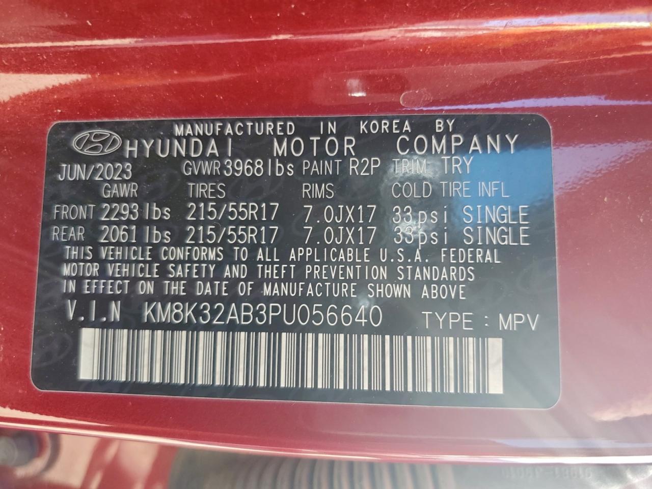 2023 Hyundai Kona Sel VIN: KM8K32AB3PU056640 Lot: 94431855
